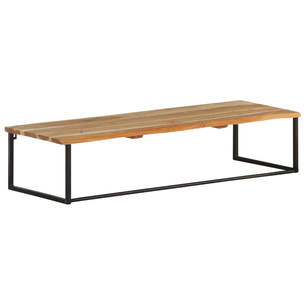 Live edge acacia wood wall shelf with a black metal frame.