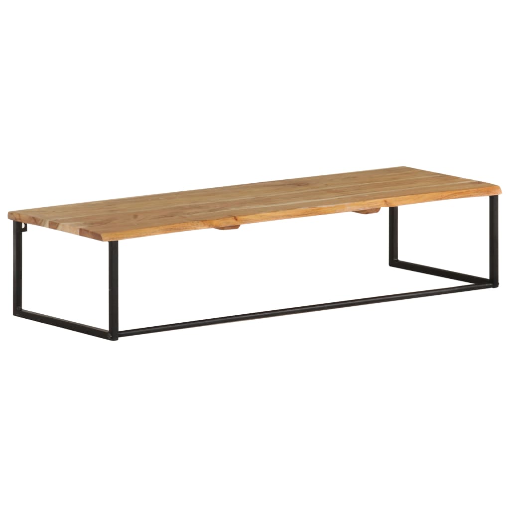 Wall-mounted live edge acacia wood shelf with iron pegs, 39.4x13.8x8.7 inches.