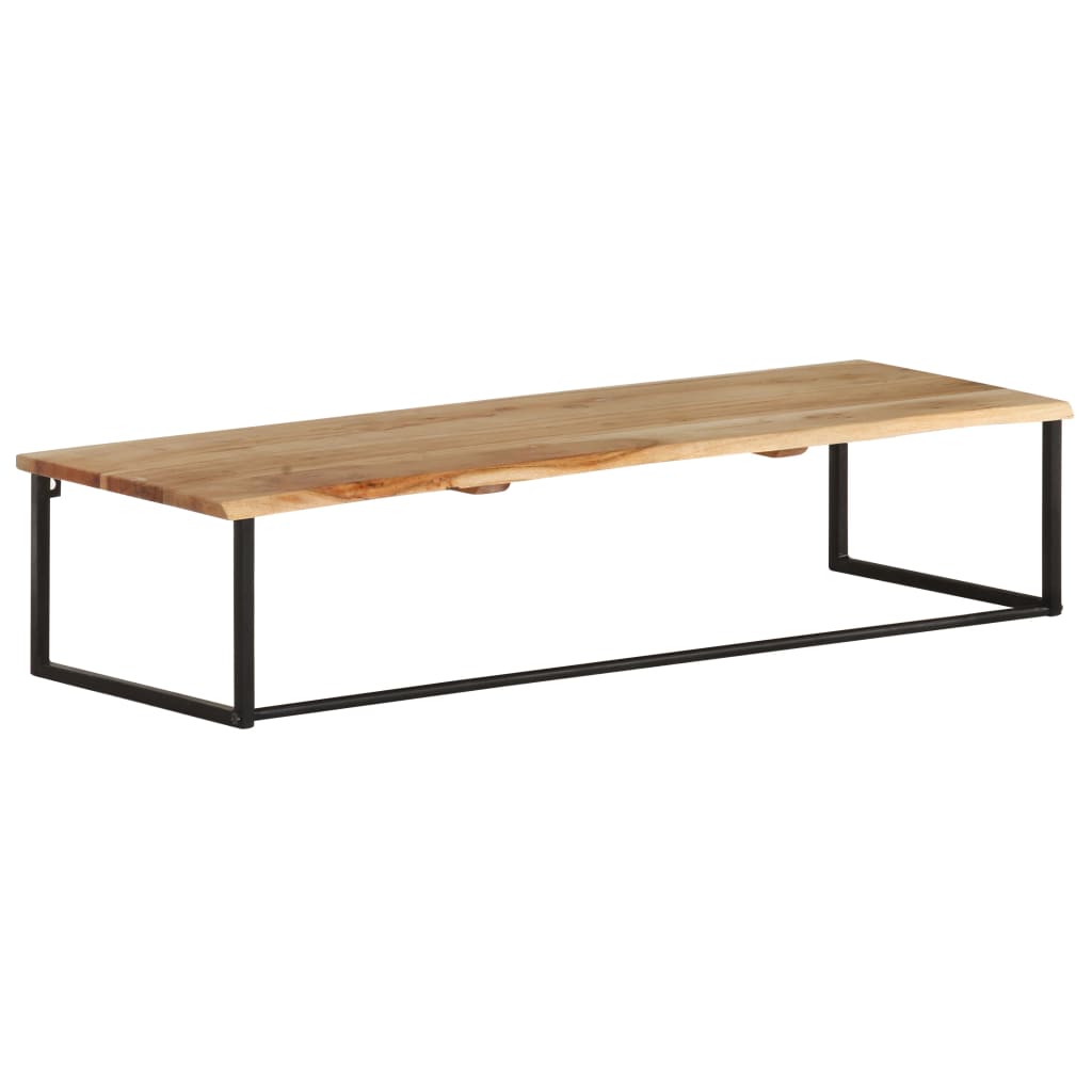 Wall-mounted live edge acacia wood shelf with iron pegs, 39.4x13.8x8.7 inches.