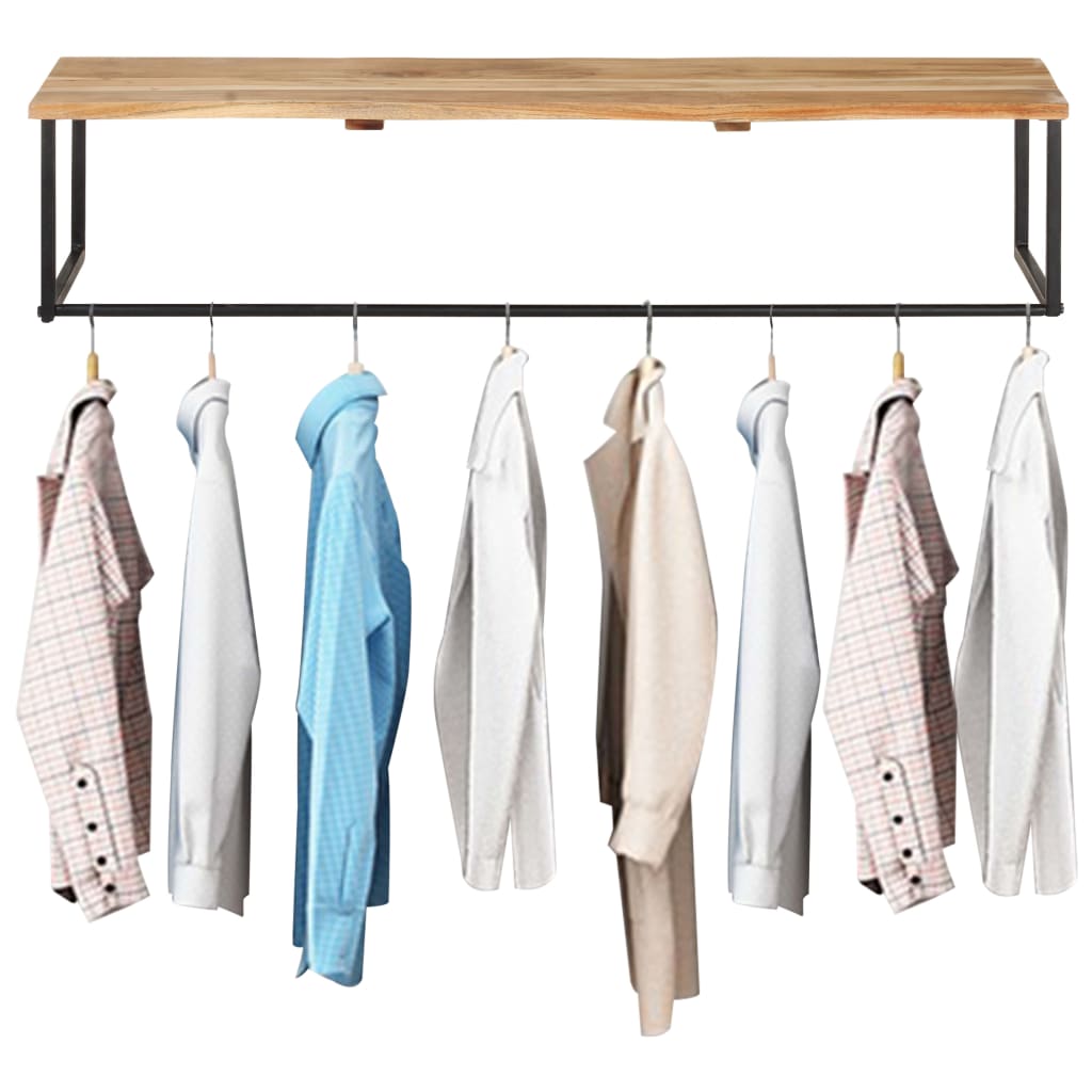 Wooden wall shelf with live edge acacia top and black metal hanging rod displaying shirts.