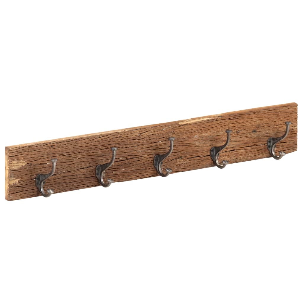 Reclaimed wood hall hanger with five metal hooks and rustic natural finish, 39.4 inches long.