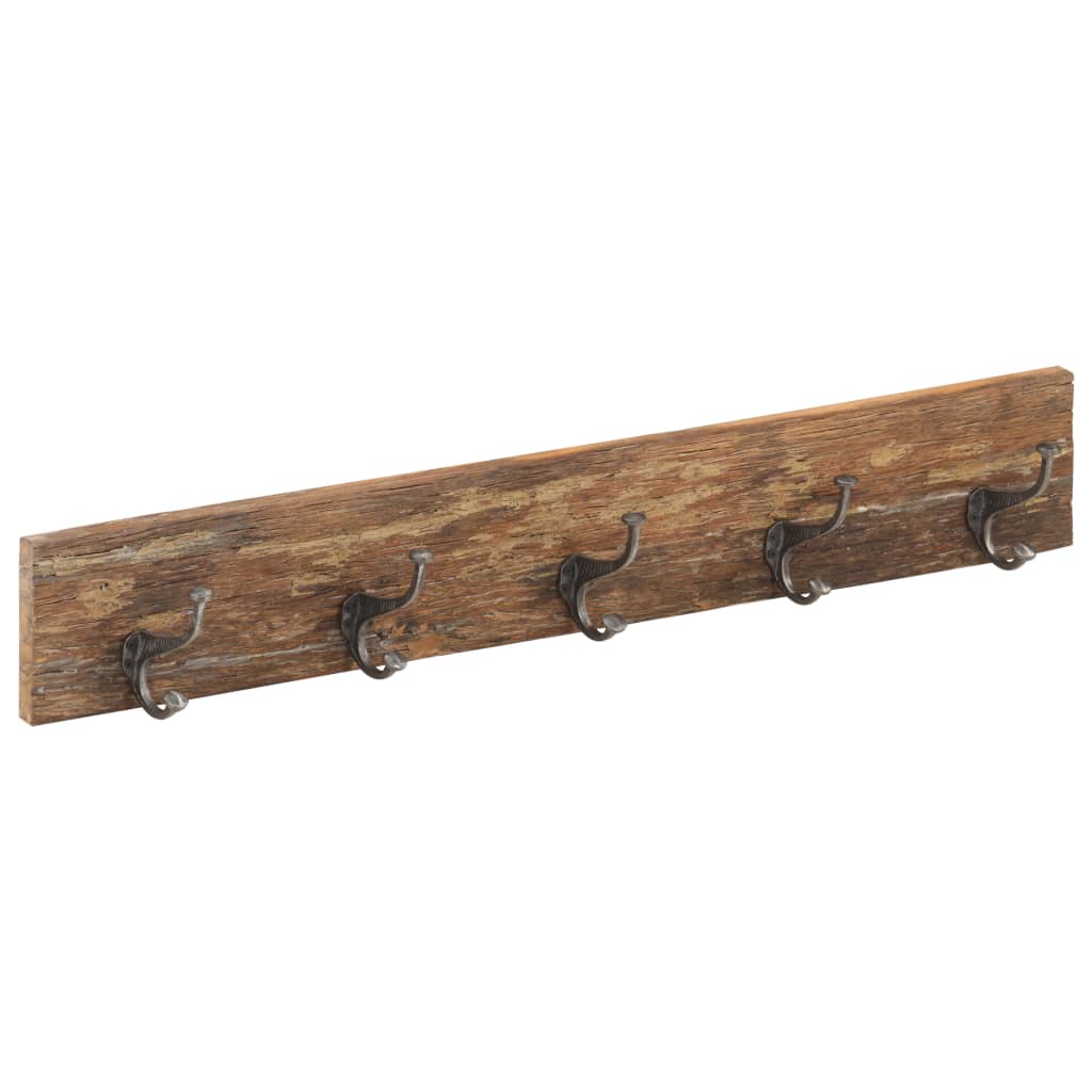Reclaimed wood hall hanger with five cast iron hooks, 39.4x1x5.9 inches.