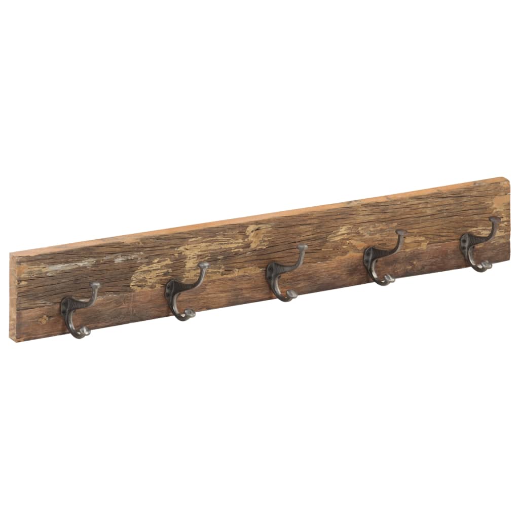 Reclaimed wood hall hanger with five cast iron hooks, 39.4x1x5.9 inches.
