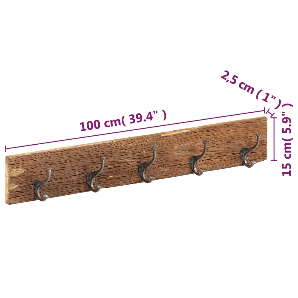 Reclaimed wood hall hanger with 5 hooks, measuring 39.4 x 1 x 5.9 inches.