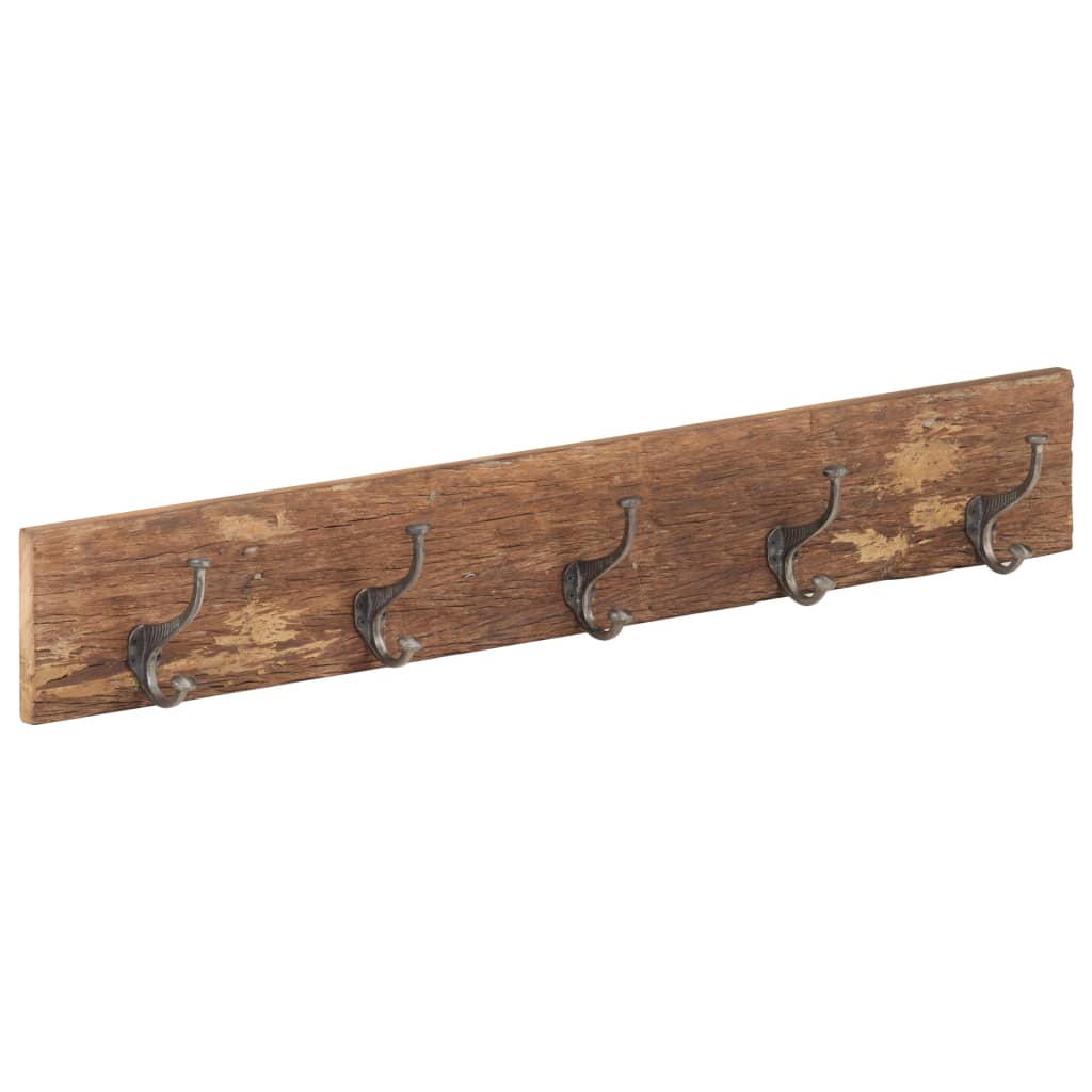 Reclaimed wood hall hanger with five cast iron hooks, measuring 39.4x1x5.9 inches.