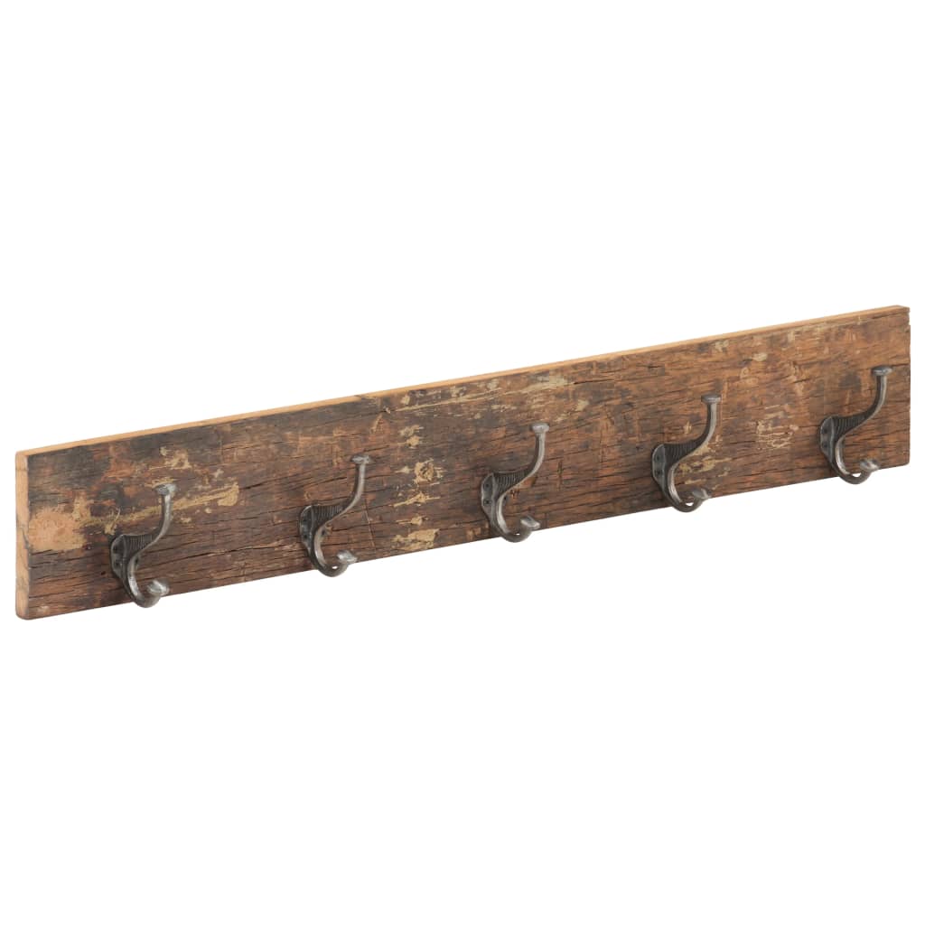 Reclaimed wood hall hanger with five metal hooks and rustic natural finish, 39.4 inches long.