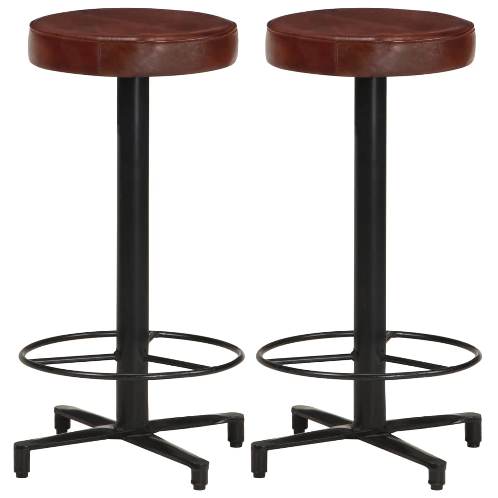 Bar Stool Set of 2 Brown, Black Real Leather, Powder-Coated Iron