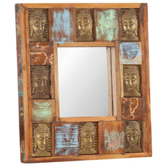 Square wall mirror with a reclaimed wood frame featuring a unique Buddha cladding design.