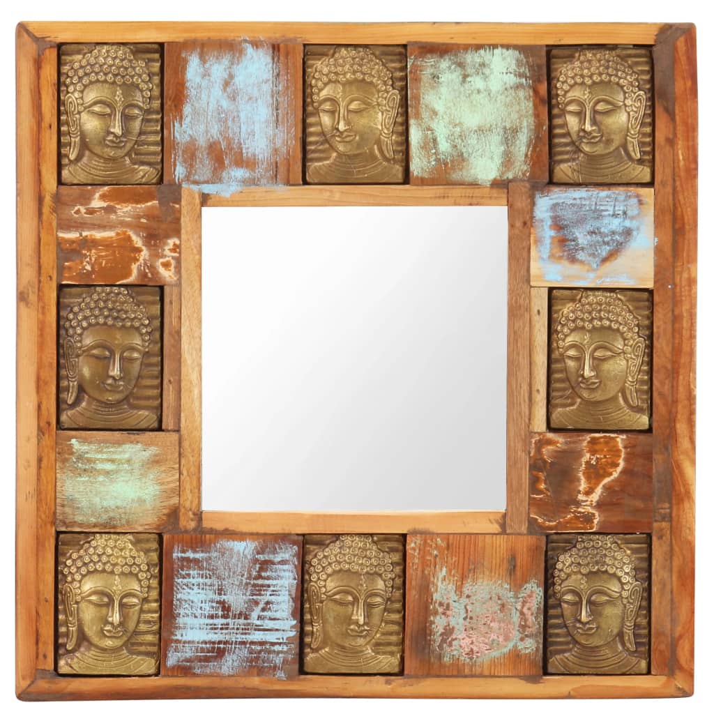 Square wall mirror with a reclaimed wood frame featuring a unique Buddha cladding design.