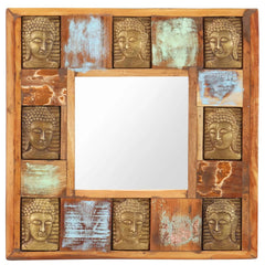 Square wall mirror with a reclaimed wood frame featuring a unique Buddha cladding design.