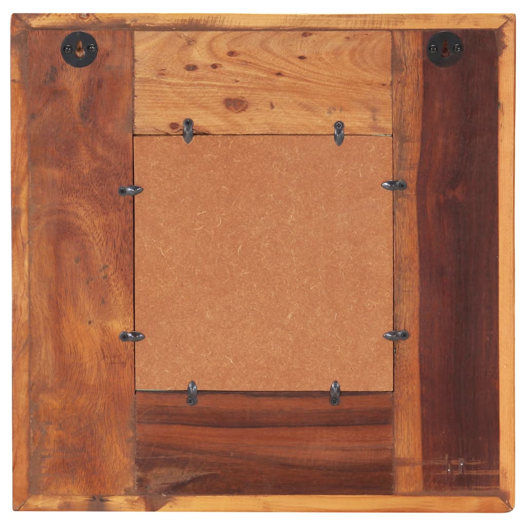 Square wall mirror with a reclaimed wood frame featuring a unique Buddha cladding design.