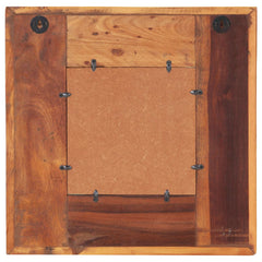 Square wall mirror with a reclaimed wood frame featuring a unique Buddha cladding design.