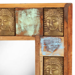 Square wall mirror with a reclaimed wood frame featuring a unique Buddha cladding design.