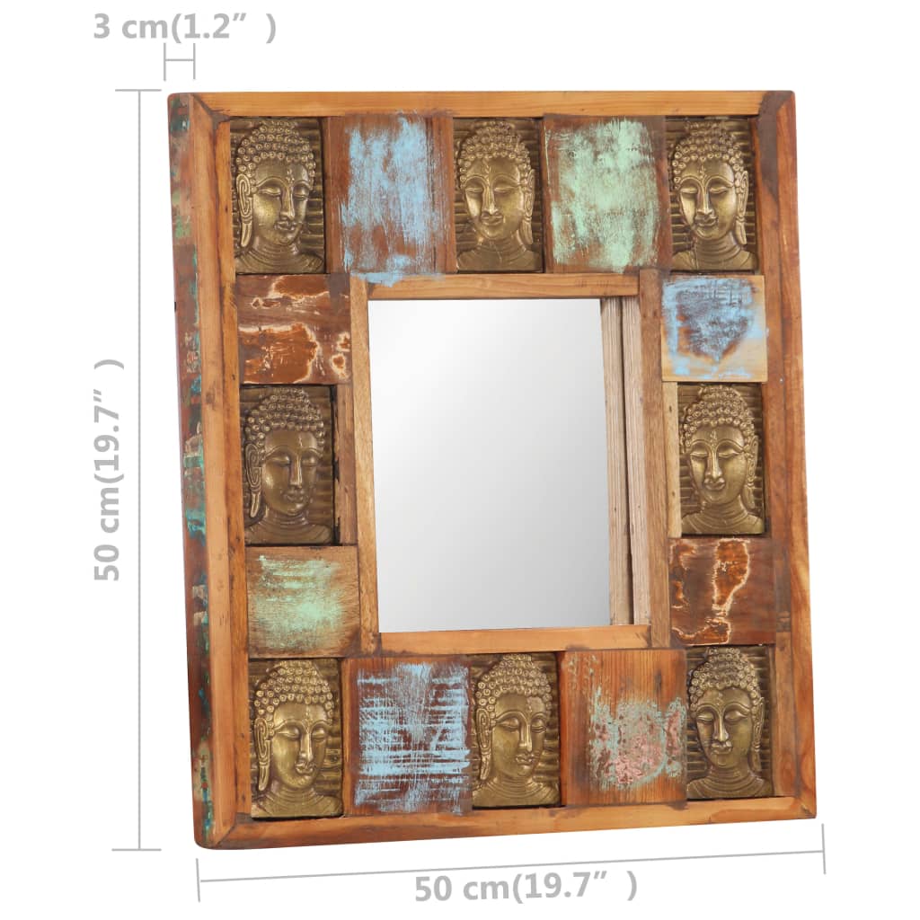 Square wall mirror with a reclaimed wood frame featuring a unique Buddha cladding design.