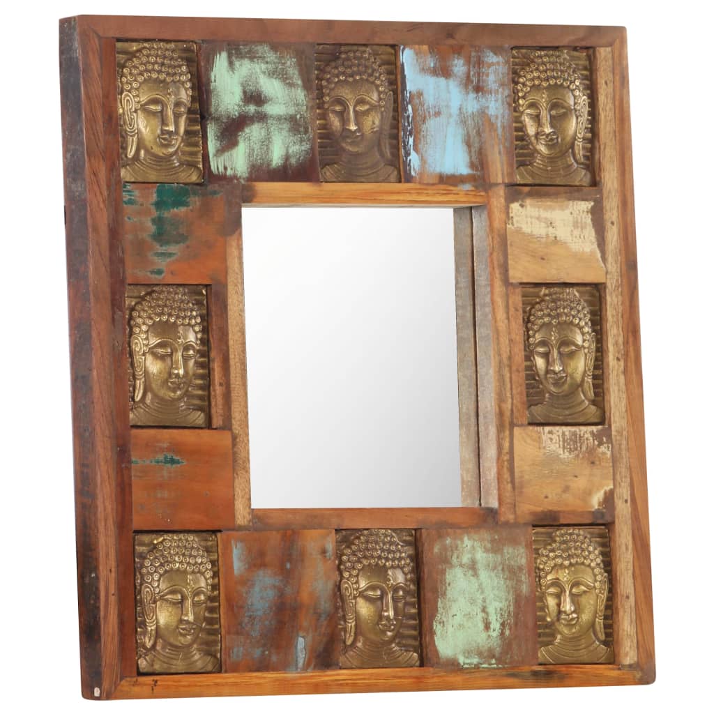Square wall mirror with a reclaimed wood frame featuring a unique Buddha cladding design.