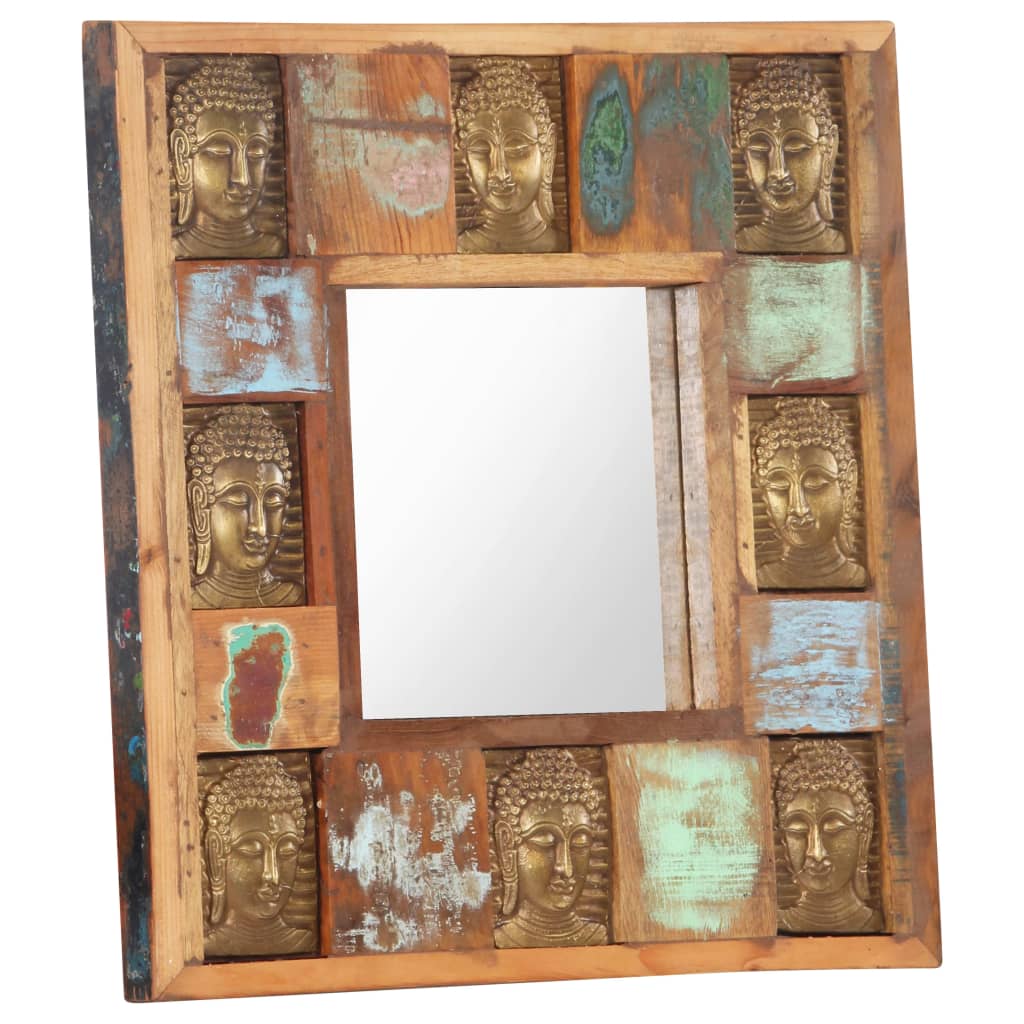 Square wall mirror with a reclaimed wood frame featuring a unique Buddha cladding design.
