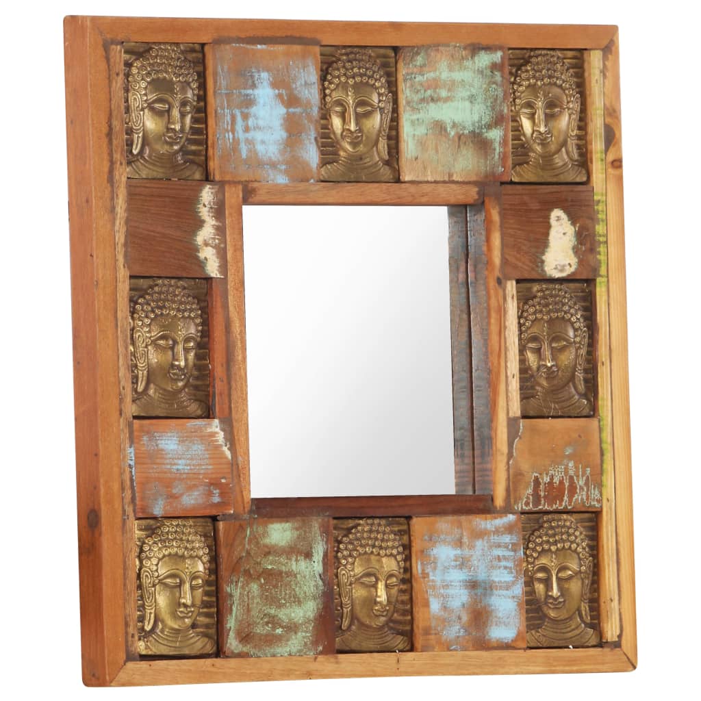 Square wall mirror with reclaimed wood frame featuring a unique Buddha cladding design.