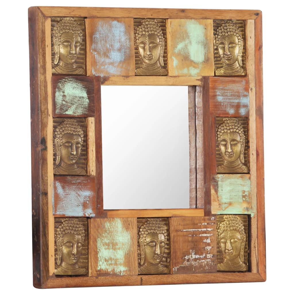 Square wall mirror with a reclaimed wood frame featuring a unique Buddha cladding design.
