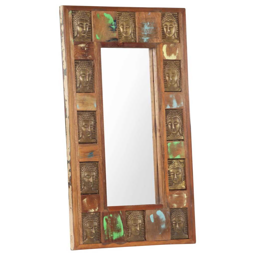 Rectangular mirror with solid reclaimed wood frame featuring Buddha face carvings and colorful accents.