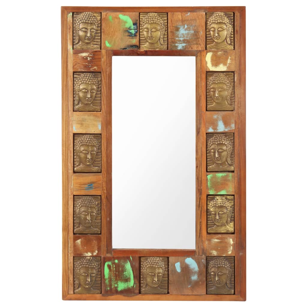 Rectangular reclaimed wood mirror with Buddha reliefs on the frame, 19.7x31.5 inches.