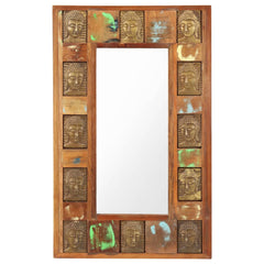 Rectangular reclaimed wood mirror with Buddha reliefs on the frame, 19.7x31.5 inches.