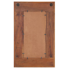 Rectangular reclaimed wood mirror with Buddha cladding, 19.7x31.5 inches.