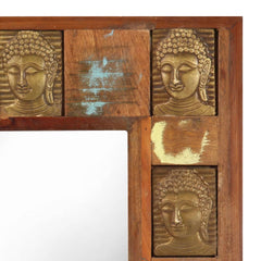 Wooden mirror frame with carved Buddha figures and reclaimed wood panels in warm tones.