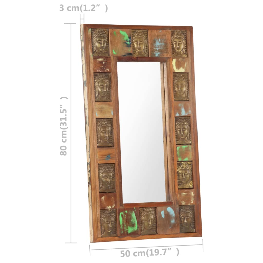 Rectangular reclaimed wood mirror with Buddha cladding, 19.7 by 31.5 inches.