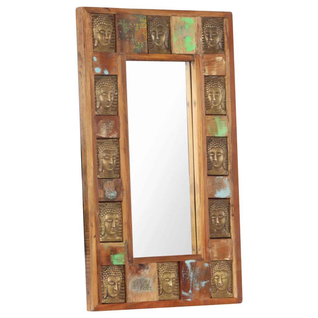 Rectangular reclaimed wood mirror with Buddha motifs and green and blue patina accents.
