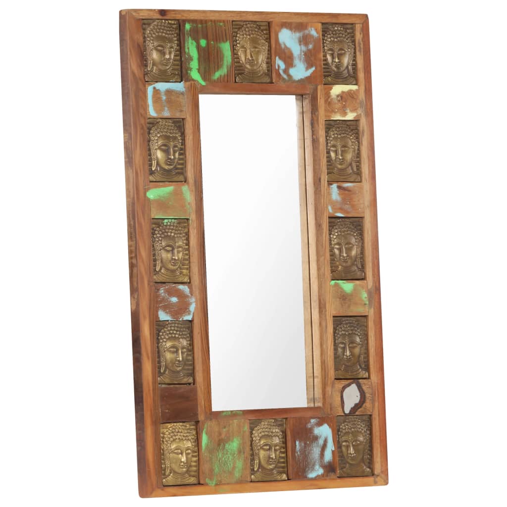 Rectangular reclaimed wood mirror with Buddha cladding, 19.7x31.5 inches.