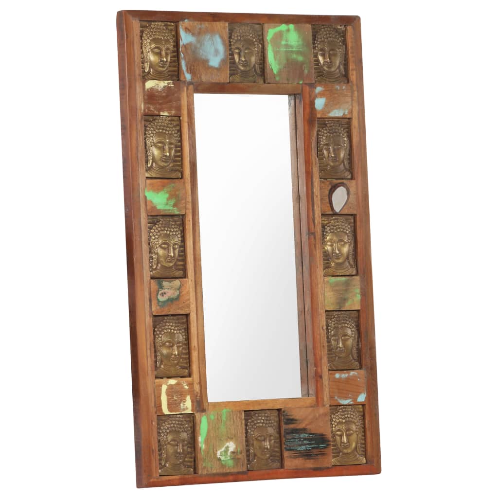 Rectangular reclaimed wood mirror with Buddha cladding, 19.7x31.5 inches.