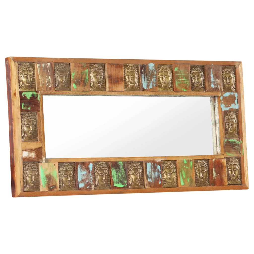 Reclaimed wood wall mirror with unique Buddha cladding, measuring 43.3 x 19.7 inches.