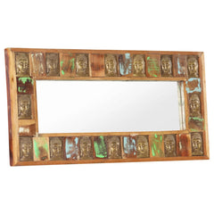 Reclaimed wood wall mirror with unique Buddha cladding, measuring 43.3 x 19.7 inches.