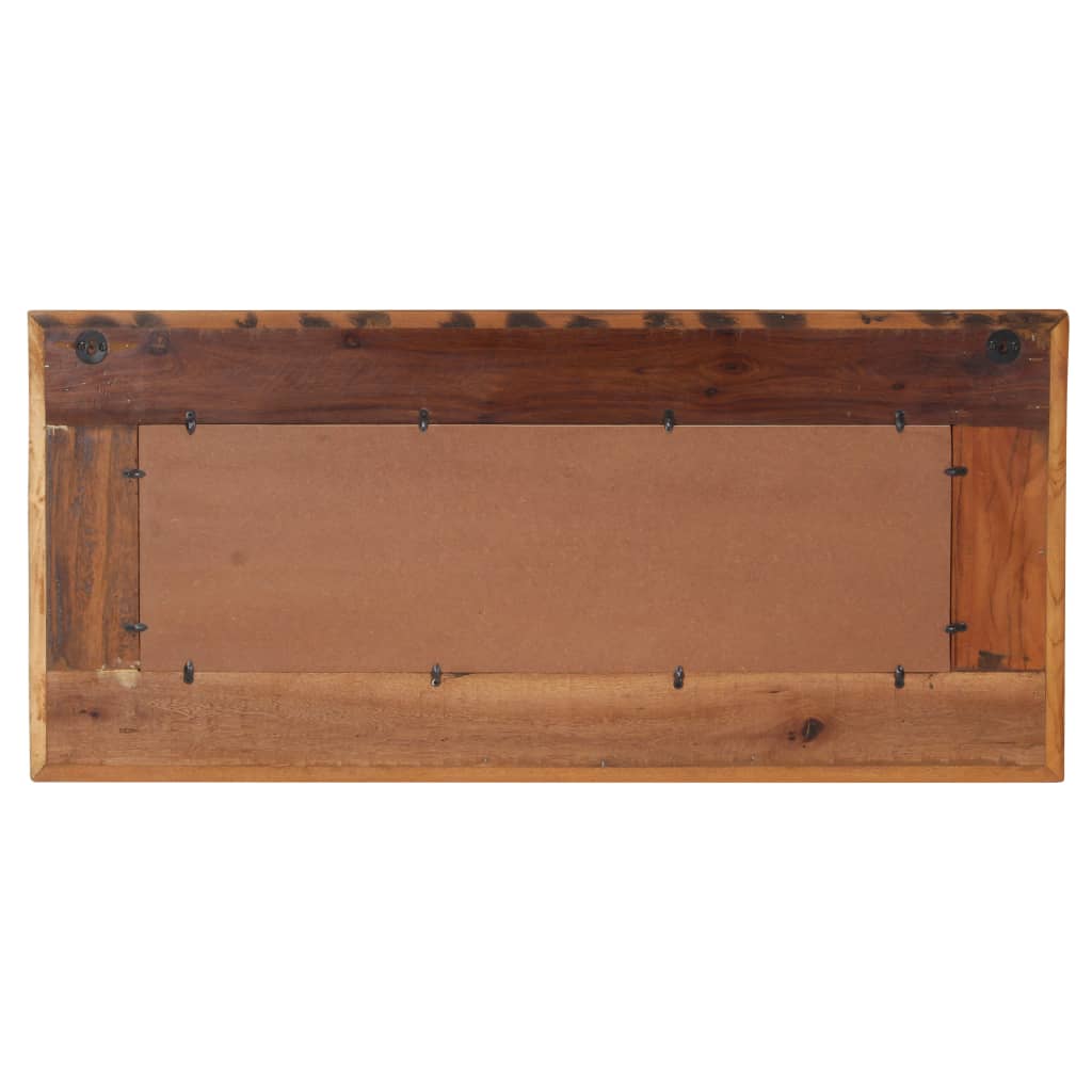 Reclaimed wood wall mirror with unique Buddha cladding, measuring 43.3 x 19.7 inches.