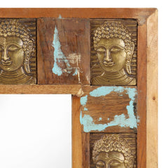 Reclaimed wood wall mirror with Buddha cladding, featuring natural grain and rustic charm.
