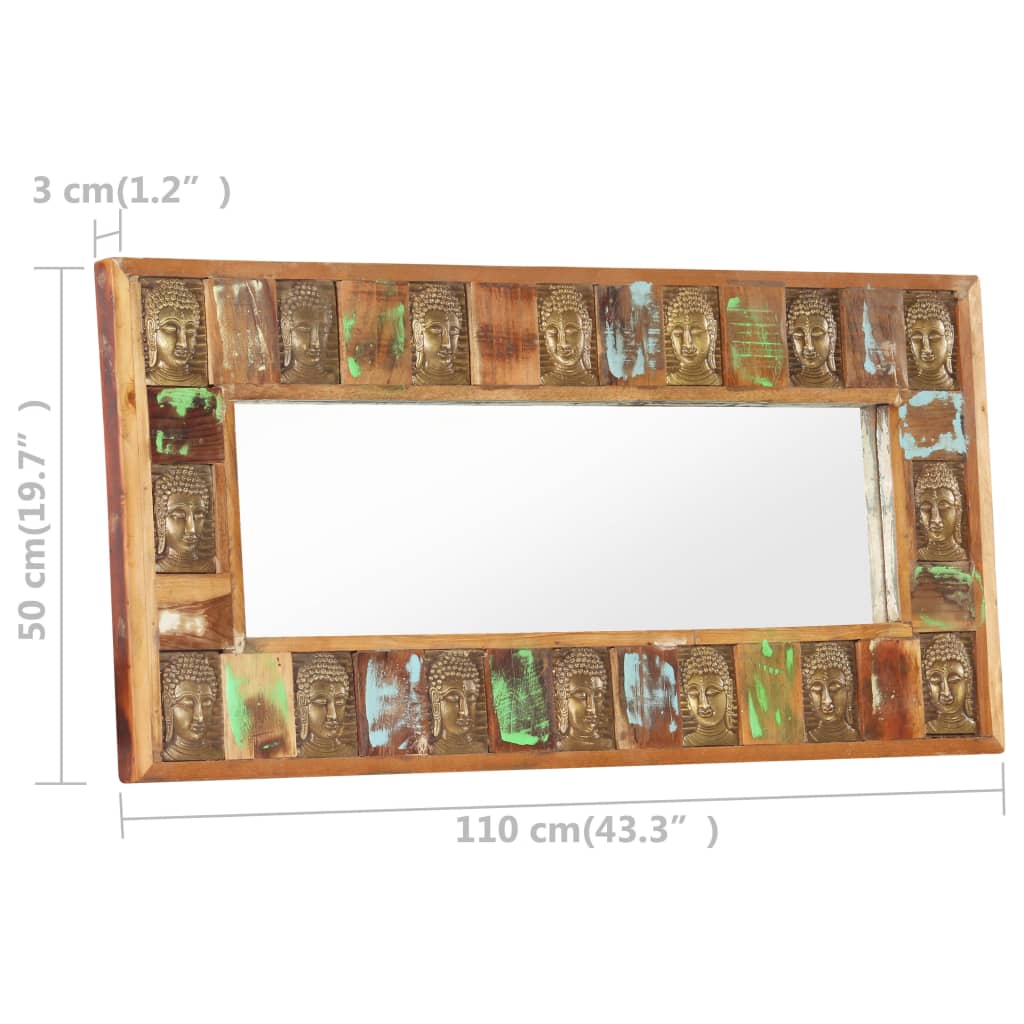 Reclaimed wood wall mirror with Buddha cladding, featuring natural grain variations and rustic charm.