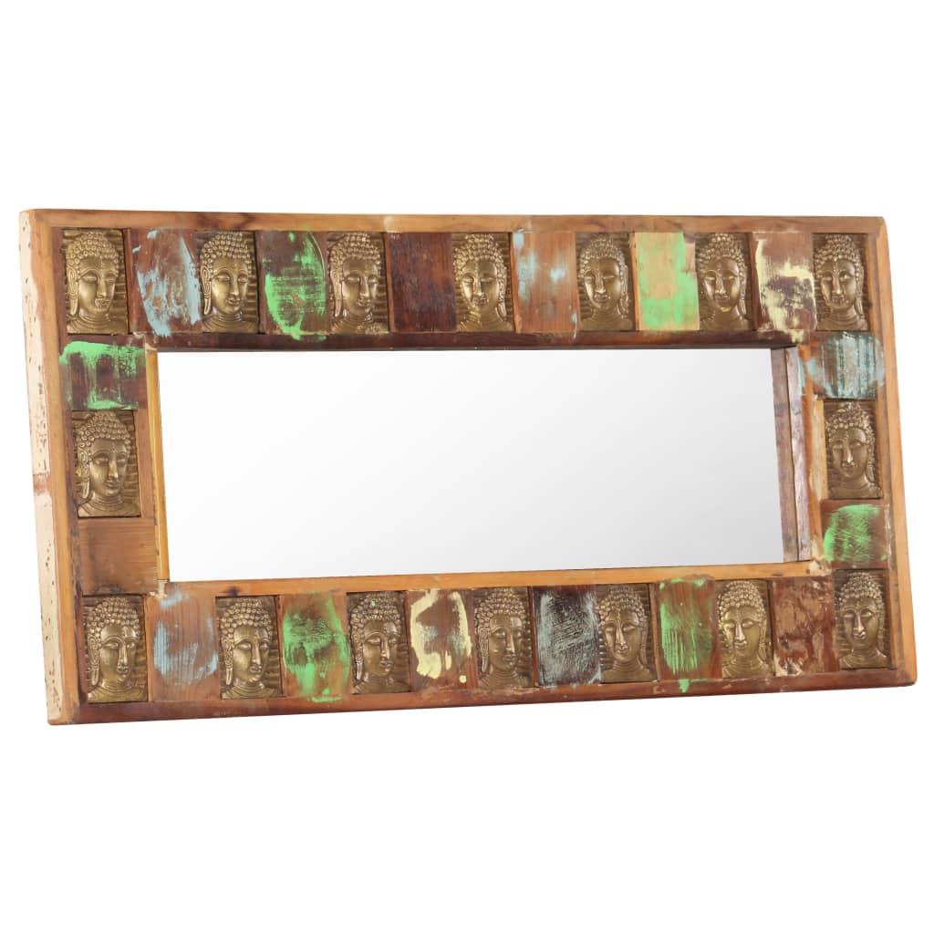 Reclaimed wood wall mirror featuring unique Buddha cladding and natural grain variations.