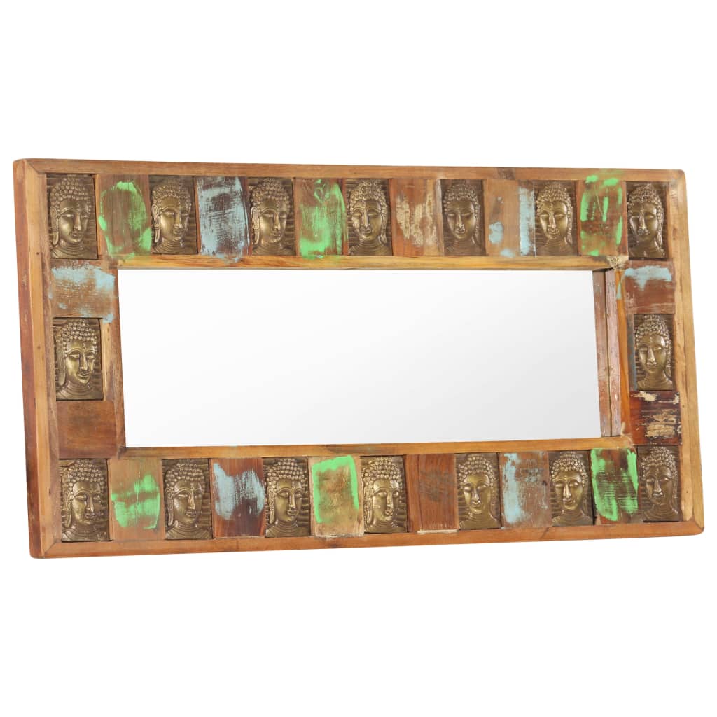 Reclaimed wood wall mirror with Buddha cladding, featuring natural grain and rustic charm.