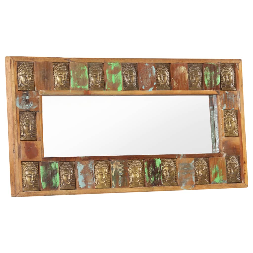 Reclaimed wood wall mirror with Buddha cladding, showcasing natural grain and rustic charm.