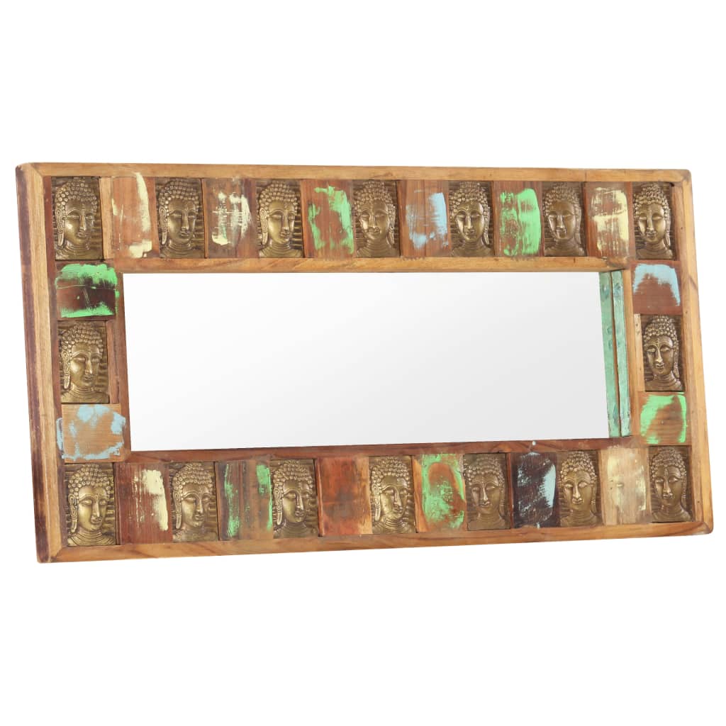 Reclaimed wood wall mirror featuring unique Buddha cladding and natural grain variations.