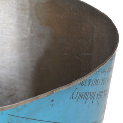 Multicolor iron umbrella stand with a round shape and blue painted exterior edge.