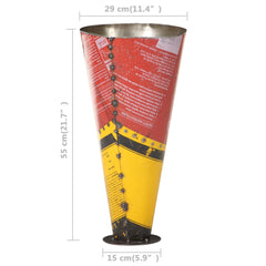 Multicolor iron umbrella stand, 11.4 x 21.7 inches, with conical shape and barrel-print design.