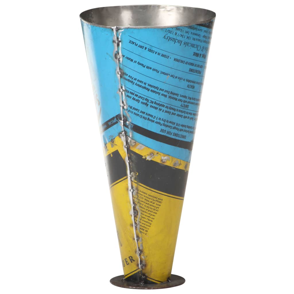 Multicolor iron umbrella stand made from recycled paint barrels, 11.4x21.7 inches.