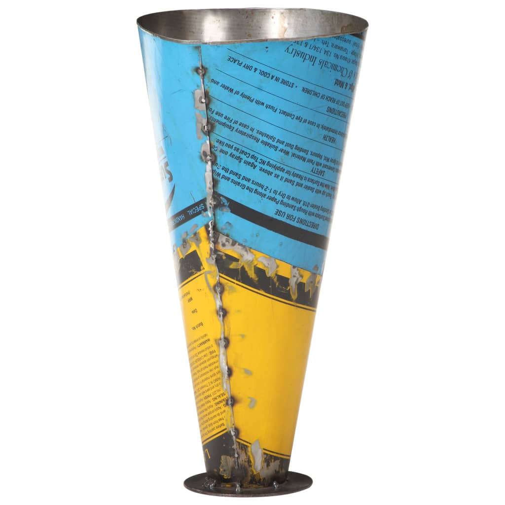 Multicolor iron umbrella stand with a tapered shape and stitched seams, 11.4x21.7 inches tall.
