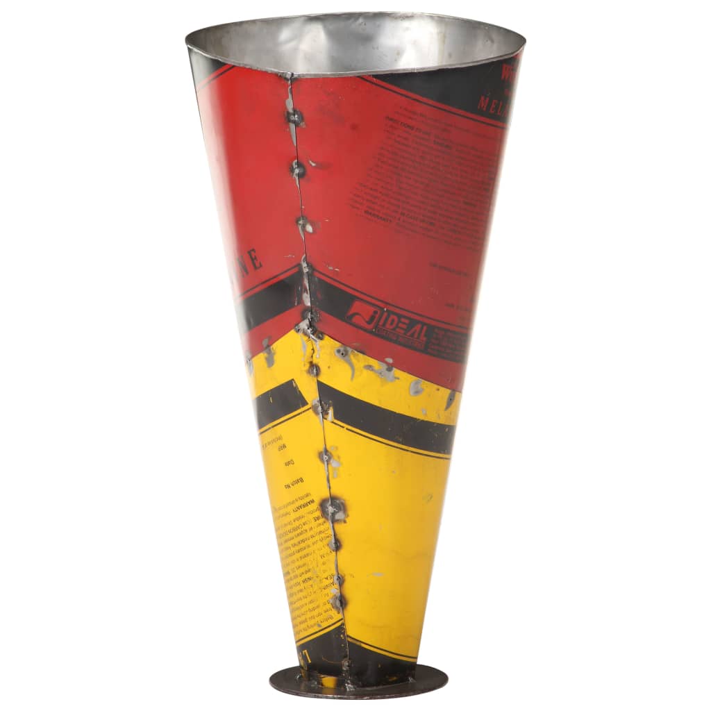 Multicolor iron umbrella stand, 11.4x21.7 inches, made from recycled paint barrels.