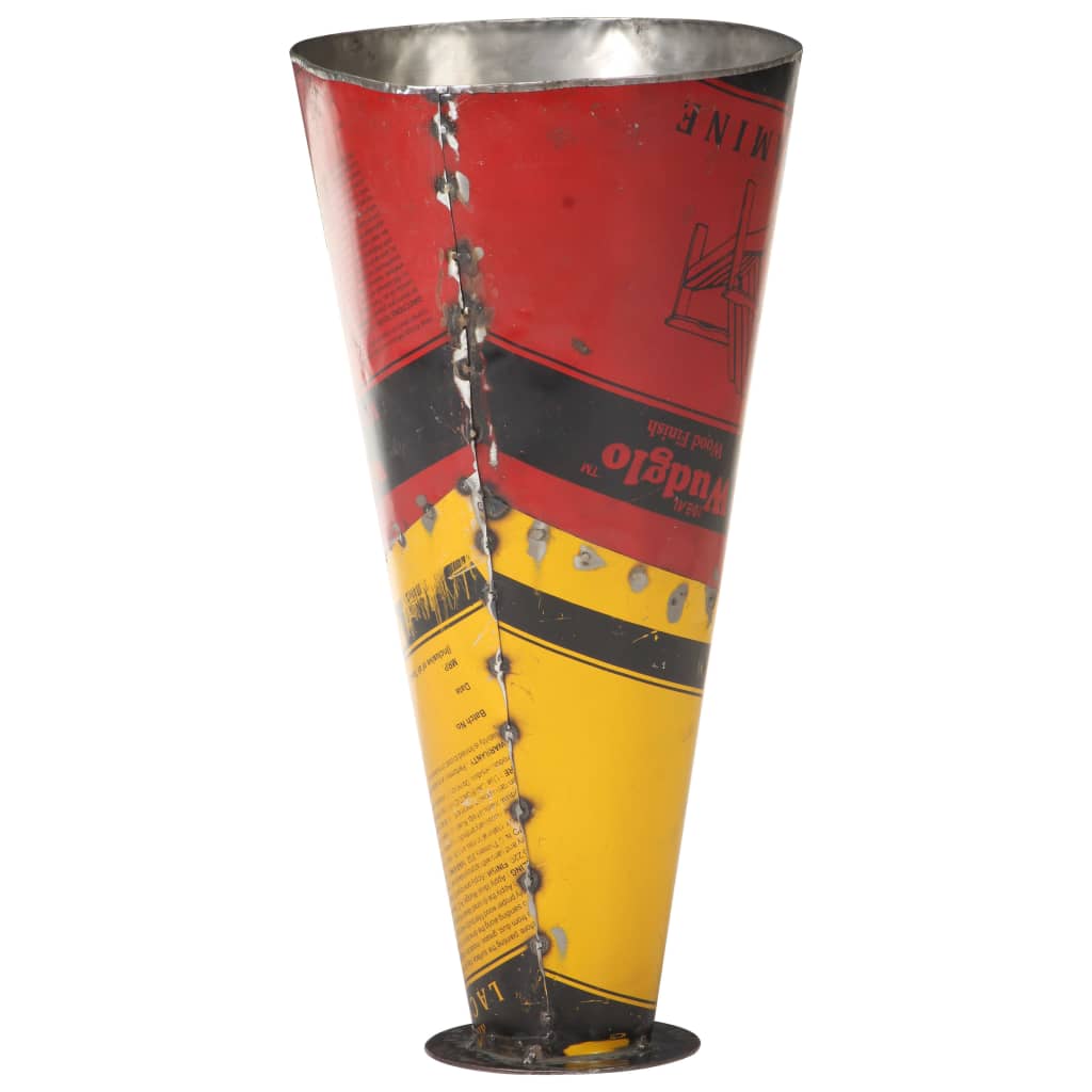 Multicolor iron umbrella stand made from reclaimed paint barrels, 11.4x21.7 inches.