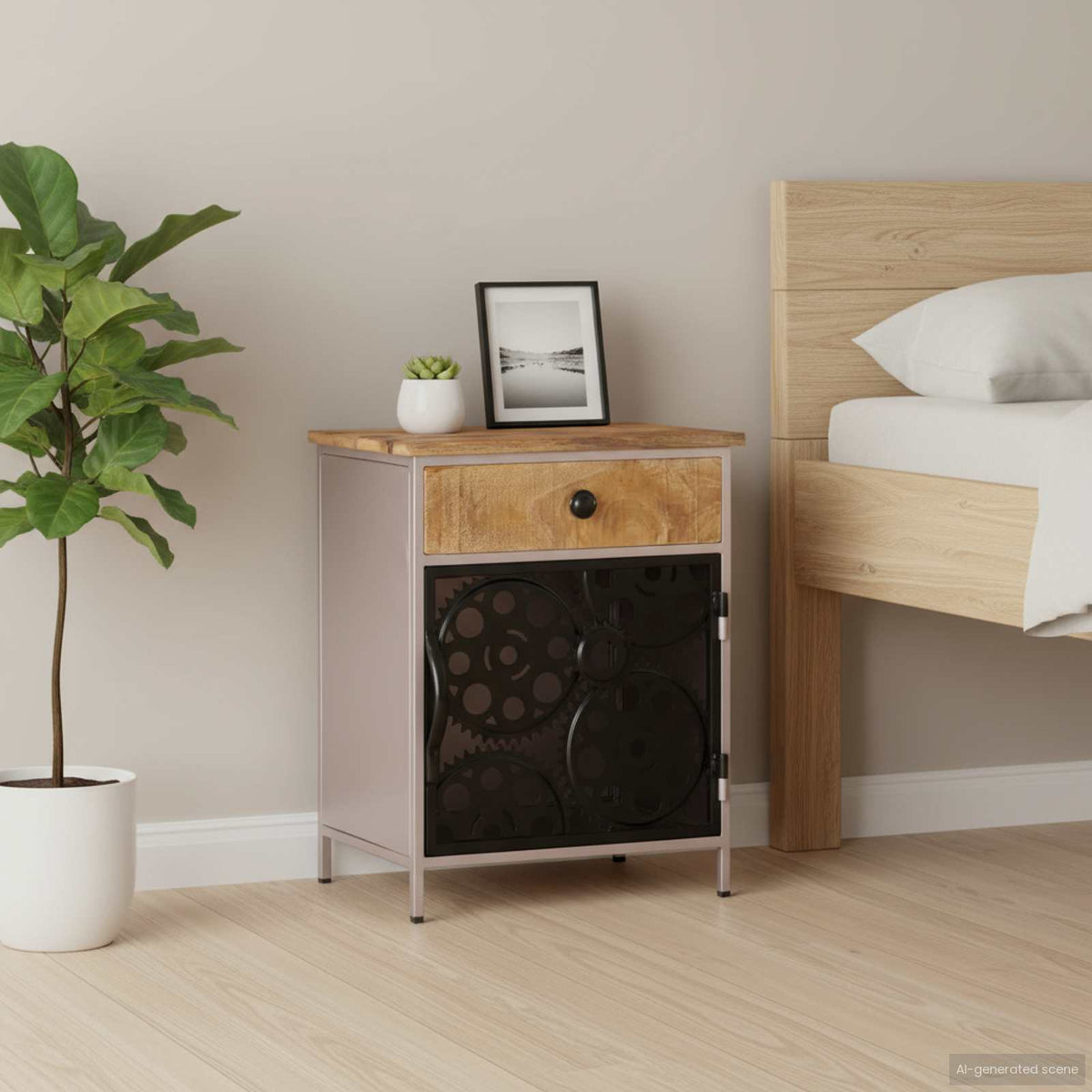 Bedside Cabinet Rough mango wood with natural finish, silver iron