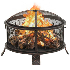Rustic steel fire pit with mesh cover and poker, 26.6 inch diameter, black-brown finish.