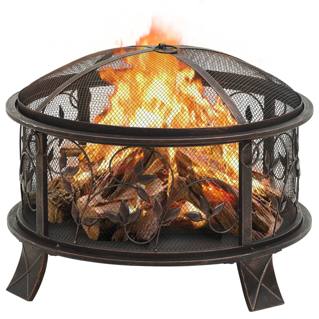 Rustic steel fire pit with mesh cover, burning logs, and poker, 26.6 inches wide.