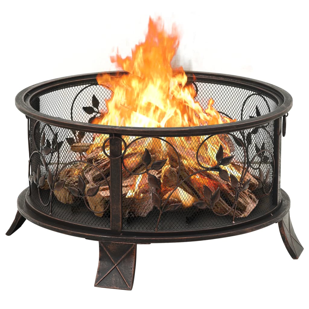 A 26.6-inch rustic steel fire pit with leaf-patterned mesh, burning logs, and included poker.
